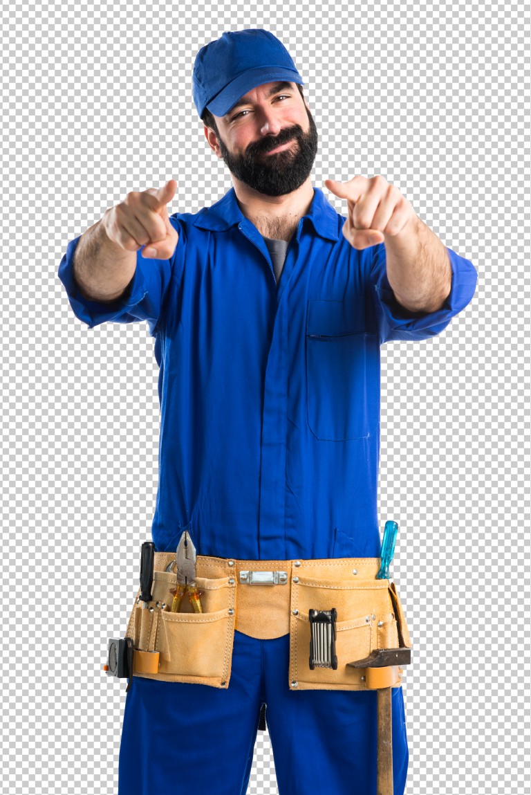 فایل لایه باز تعمیرکار مرد درحال اشاره به دوربین