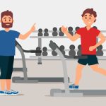 وکتور تصویر جوان روی تردمیل ورزشی در سالن بدنسازی همراه با مربی وکتور تصویر جوان روی تردمیل ورزشی در سالن بدنسازی همراه با مربی