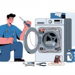 وکتور کاراکتر کارتونی تعمیرکار ماشین لباس شویی درحال کار وکتور کاراکتر کارتونی تعمیرکار ماشین لباس شویی درحال کار