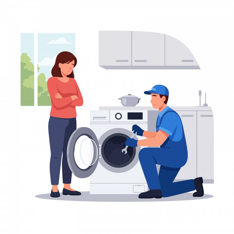 وکتور شخصیت کارتونی مرد تعمیرکار ماشین لباس شویی