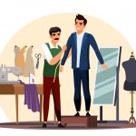 وکتور کارتونی خیاط در حال سایز کردن لباس مشتری وکتور کارتونی خیاط در حال سایز کردن لباس مشتری