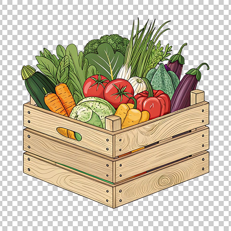 فایل لایه باز جعبه چوبی با سبزیجات تازه سالم