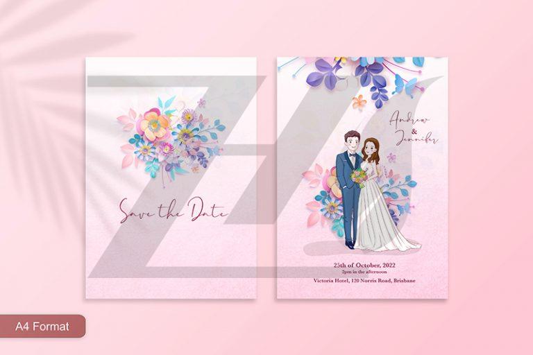 فایل لایه باز دعوتنامه عروسی صورتی با گلهای کاغذی