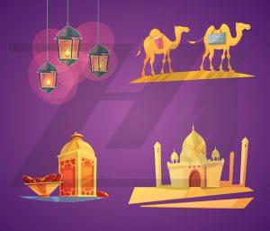 مجموعه وکتور ست کارتونی رنگارنگ المان های رمضانی
