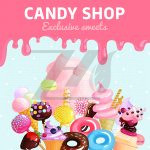 وکتور پوستر شیرینی فروشی پس زمینه آبی صورتی