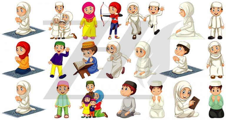 مجموعه ای از افراد مسلمان شخصیت کارتونی جدا شده پس زمینه سفید
