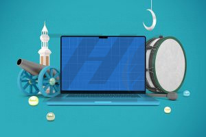 موکاپ لپ تاپ ماه مبارک رمضان پس زمینه آبی