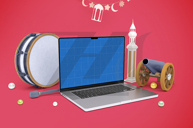 موکاپ تبلیغاتی لپ تاپ ماه مبارک رمضان پس زمینه صورتی