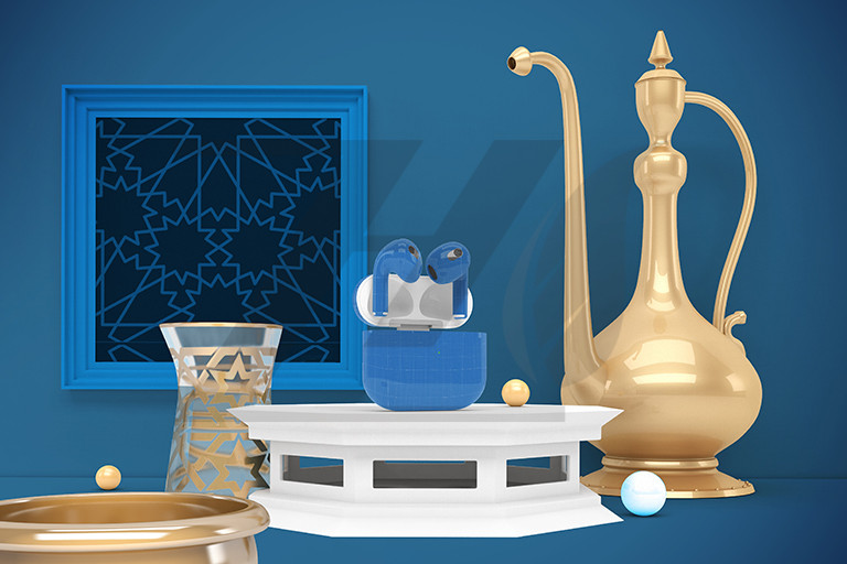 موکاپ فروش انلاین ایرپاد در ماه مبارک رمضان پس زمینه طرح دار رنگ آبی