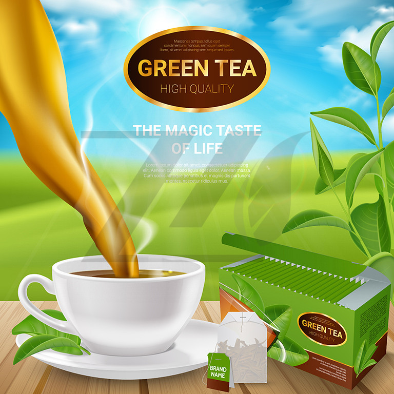 وکتور پوستر برگ چای سبز و جعبه چای سبز کیسه ای