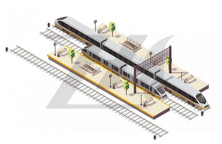 وکتور ایستگاه راه آهن ترکیب ایزومتریک با سکوهای مسافری قطار سریع السیر