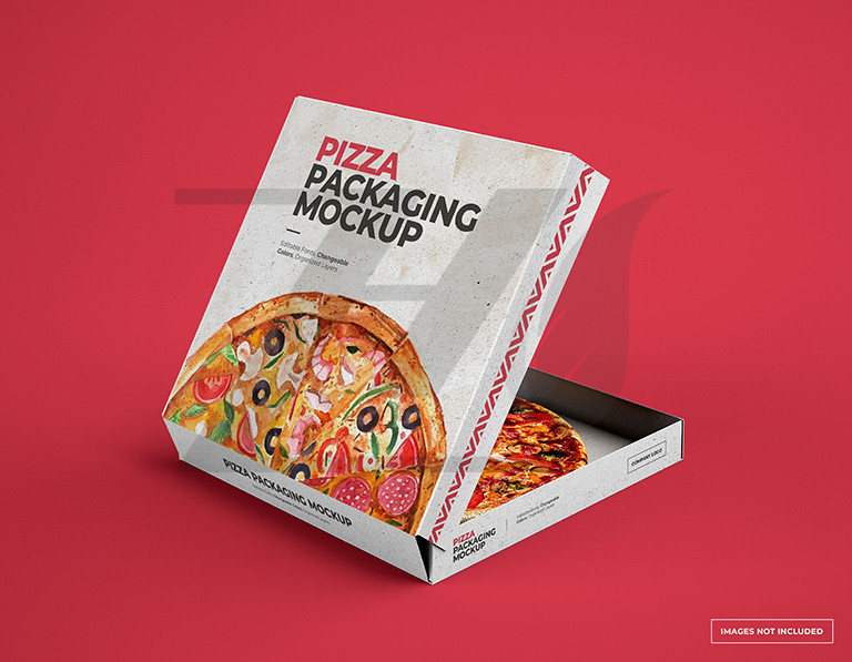 موکاپ جعبه پیتزا با پس زمینه قرمز