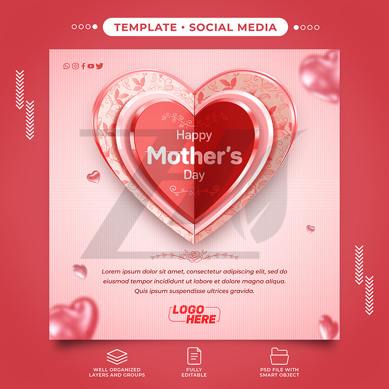 قالب پست اینستاگرام و کارت پستال سه بعدی تبریک روز مادر با متن قابل ویرایش