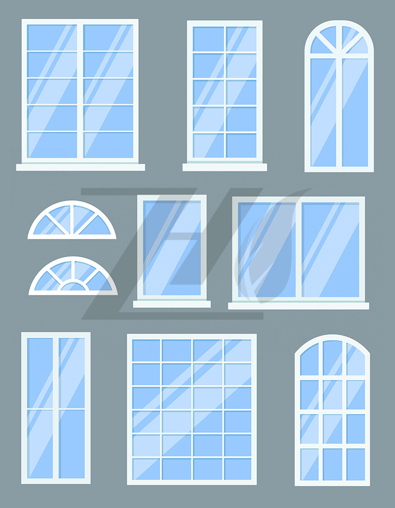 وکتور کارتونی پنجره های کلاسیک مستطیلی با قاب سفید