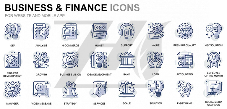 مجموعه ساده نمادهای خطی کسب و کار و امور مالی برای وب سایت و برنامه های تلفن همراه