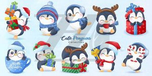وکتور حالت های مختلف پنگوئن های زیبا روز کریسمس