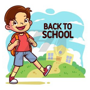 شخصیت کارتونی پسر بچه درحال رفتن به مدرسه