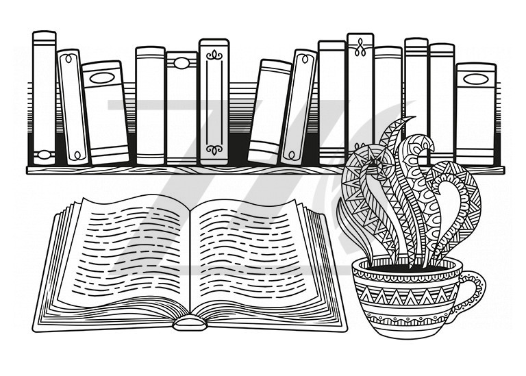 وکتور روز جهانی کتاب تلطیف شده از قفسه کتاب های سیاه و سفید فنجان چای قهوه