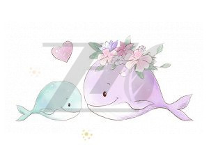 وکتور تصویر آبرنگی طرح نهنگ مادر و نوزاد با تزئین گل های ظریف