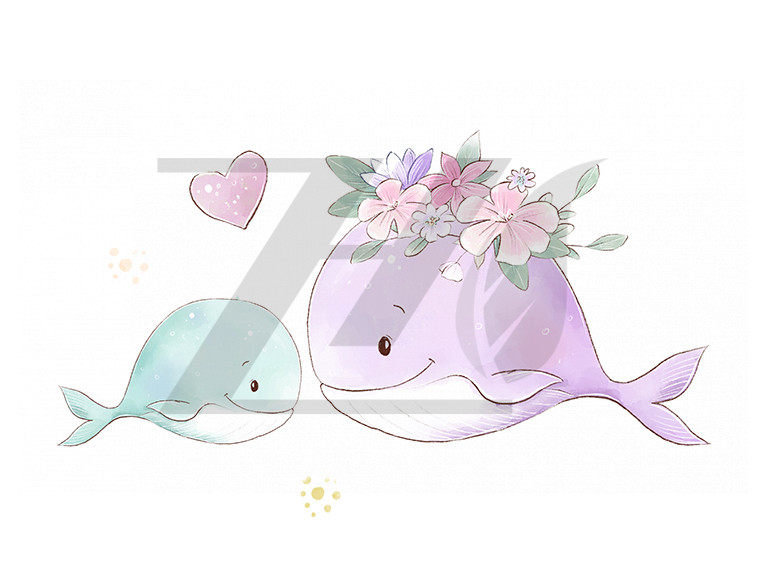 وکتور تصویر آبرنگی طرح نهنگ مادر و نوزاد با تزئین گل های ظریف