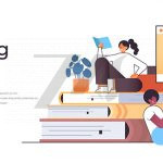 وکتور دانش‌آموزان مسابقه‌ای در حال خواندن کتاب با معلم مفهوم باشگاه کتاب آنلاین