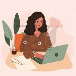 وکتور شخصیت کارتونی زن جوان کار با لپ تاپ روی میزکار وکتور شخصیت کارتونی زن جوان کار با لپ تاپ روی میزکار