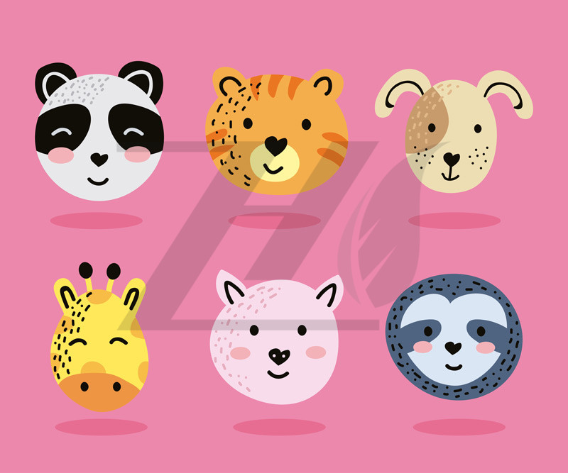 مجموعه 6 عددی وکتور حیوانات مختلف به سبک کارتونی با پس زمینه رنگ صورتی