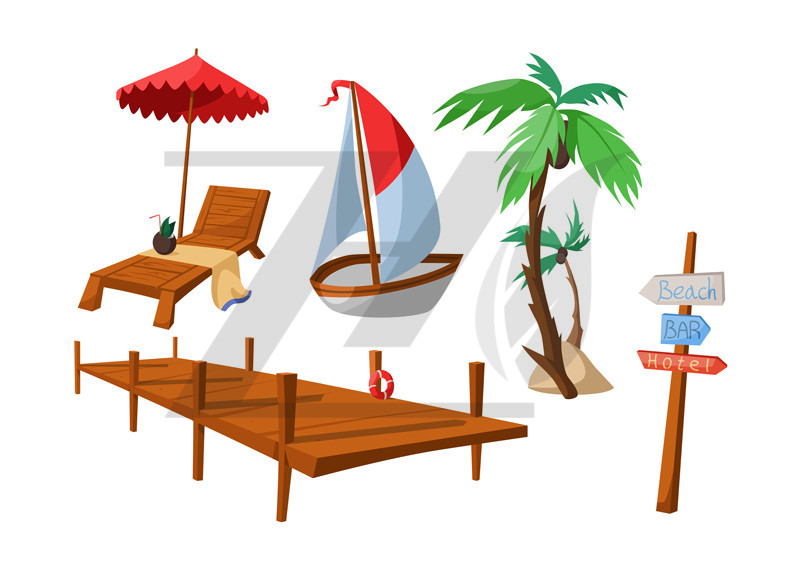 مجموعه وکتور اسکله چوبی مفهوم تعطیلات تابستانی