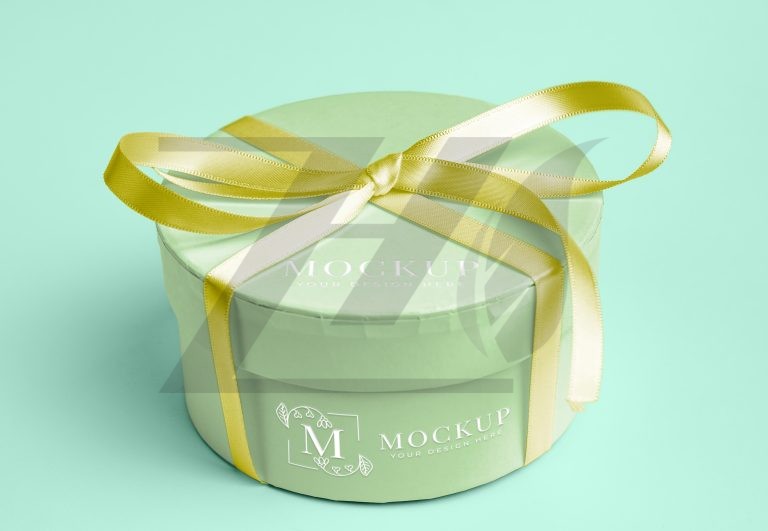 فایل لایه باز موکاپ جعبه کادویی گرد با روبان